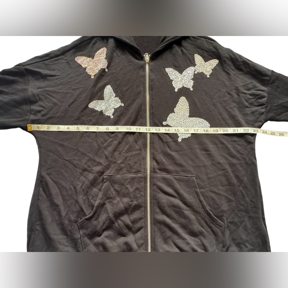 Lauren Moshi Koa Crystal Opal Butterfly Embellished Zip Black Hoodie Size Large - Picture 10 of 13